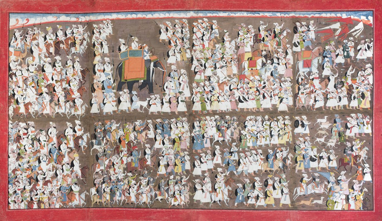 Bir filin üzerinde oturan Sansar Chand, yaya ve at sırtında bir orduyla çevrili, c.1790 (kağıt üzerinde opak tuvalet) by Purkhu