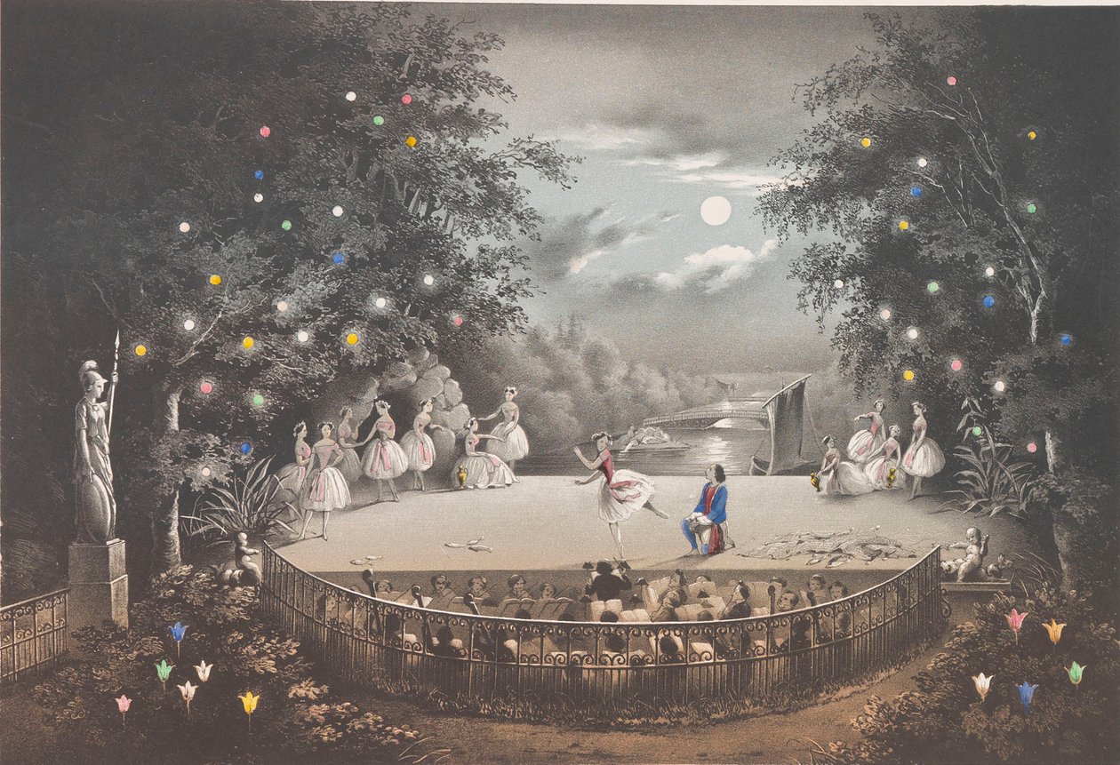 C. Pugni'nin Peterhof Parkı'ndaki Pembe Köşk'teki Naiad ve Balıkçı balesi, 1851. by Pyotr Fyodorovich Borel