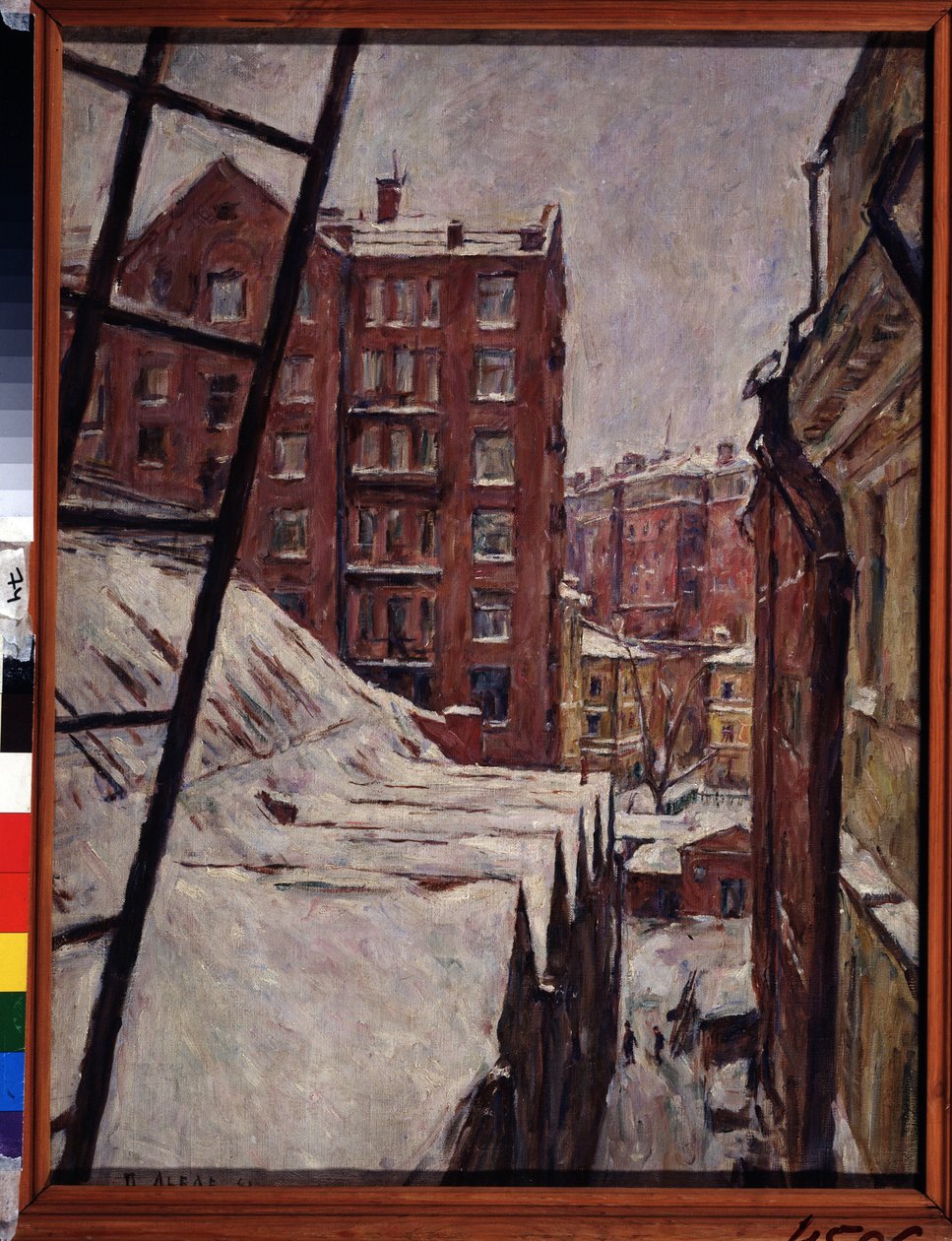 21 Myasnitskaya caddesi, Moskova (Myasnitskaya caddesi, 21). Kar altında kentsel manzara. Tablo Pyotr İvanoviç Lvov (1882-1944), tuval üzerine yağlı boya by Pyotr Ivanovich Lvov