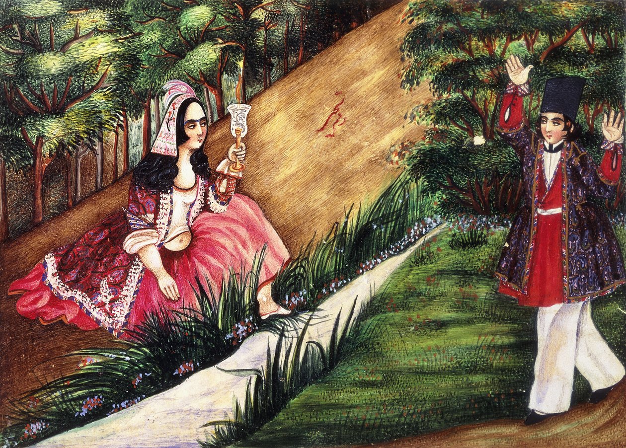 Gençlik Bir Derenin Yanında Bir Kızın Üzerine Gelir, c.1863-4 by Qajar School