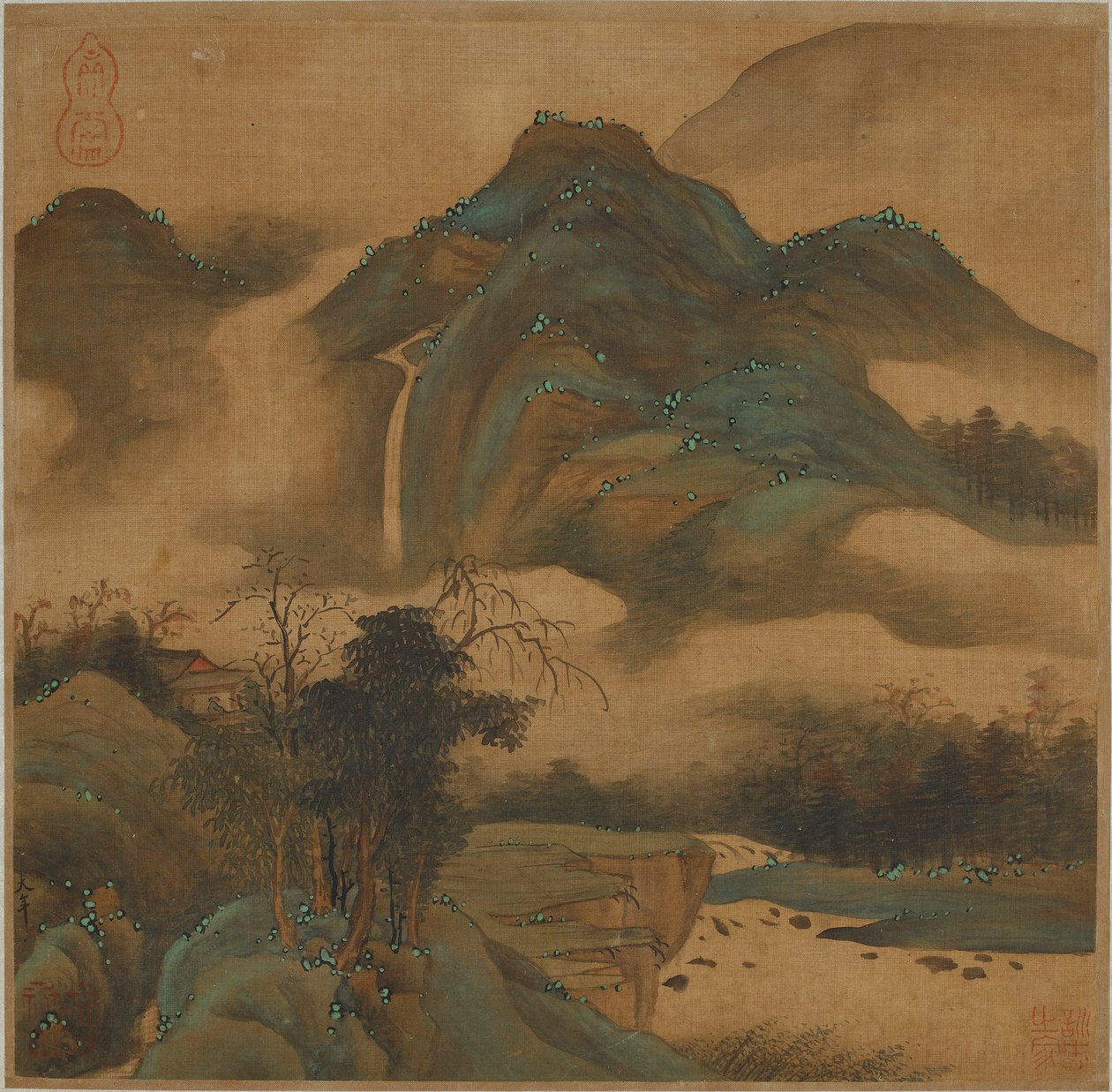 Bir dağ kulübesinden bir şelaleye bakmak by Qing Dynasty Chinese School