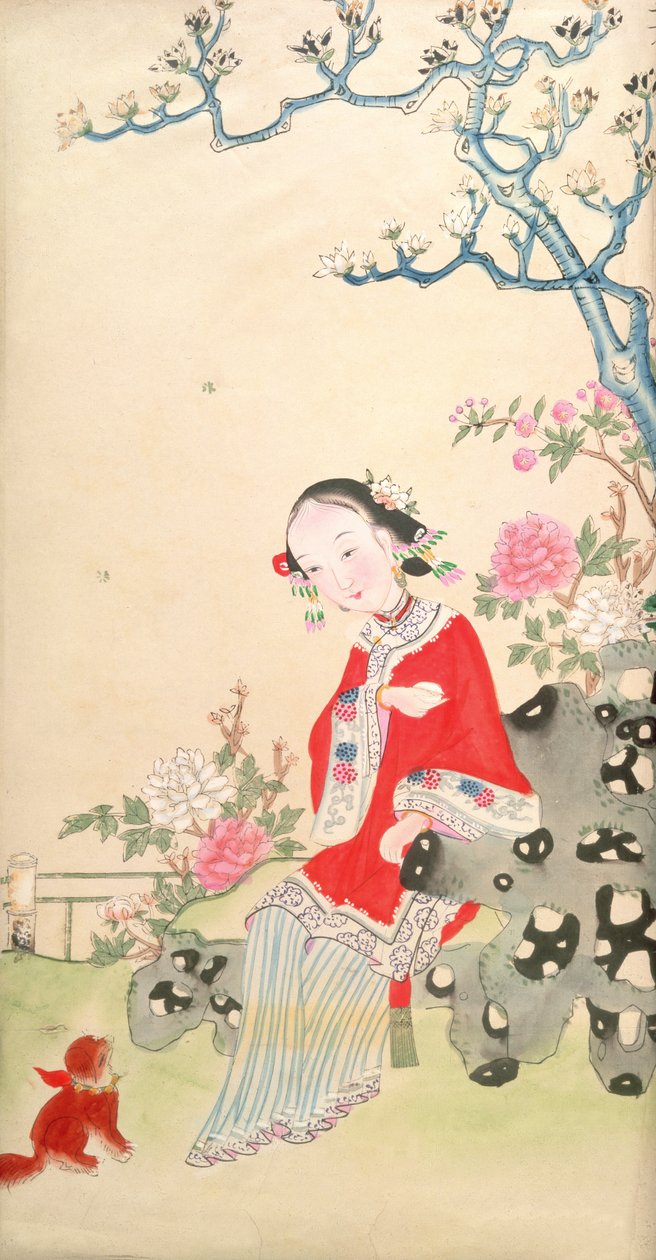 Rustik bir kaya sandalyede oturan kız by Qing Dynasty Chinese School