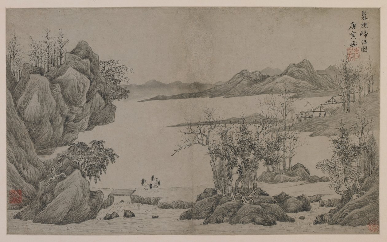 Nehir manzarası ve odun toplayıcılar (kağıt üzerine mürekkep) by Qing Dynasty Chinese School