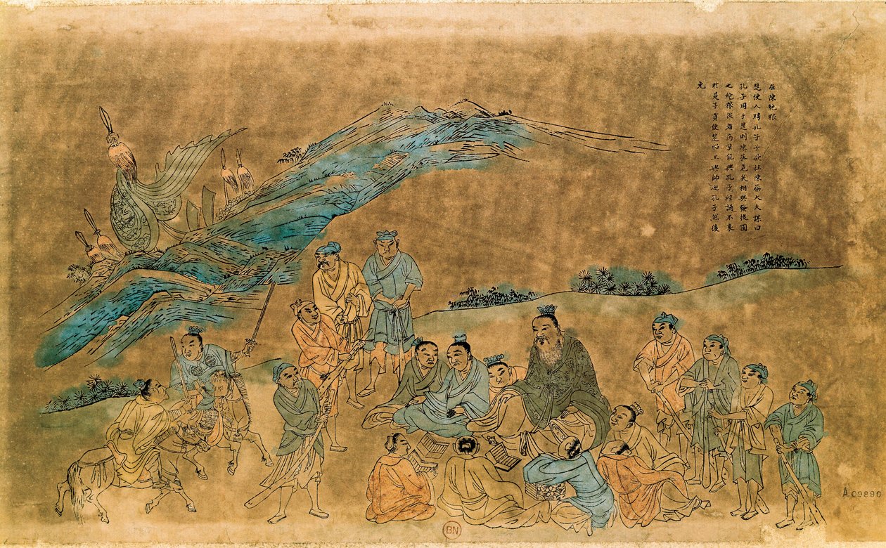 Çinli filozof Konfüçyüs (Kong Fu Zi) (MÖ 551-479) öğrencilerini çevreliyor (sulu boya) by Qing Dynasty Chinese School