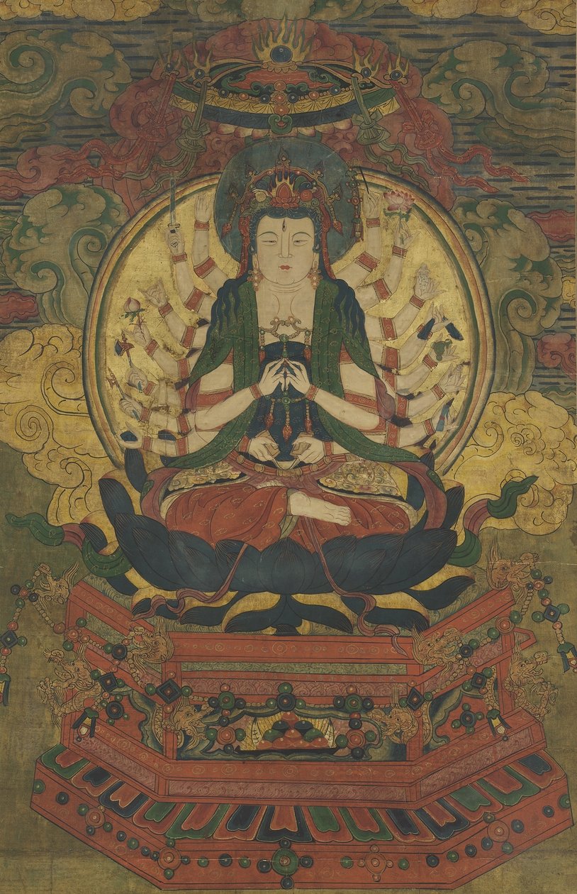 Bin silahlı Guanyin (ipek üzerine mürekkep, renk ve altın) by Qing Dynasty Chinese School
