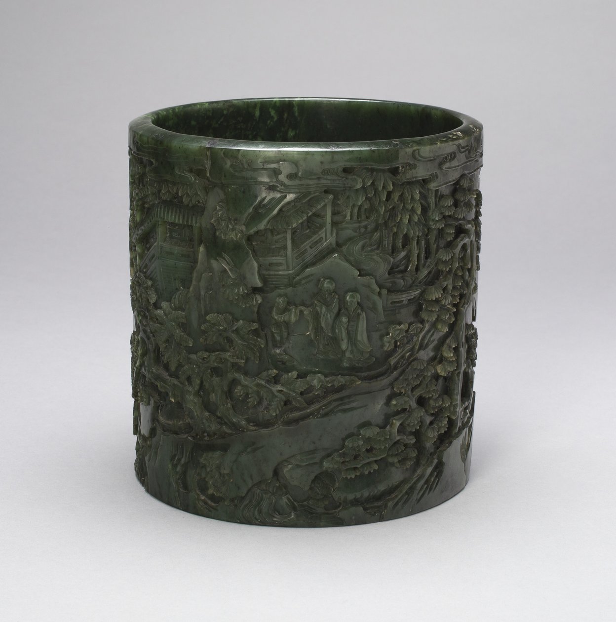 Dağlık Bir Peyzajda Bilginler ve Görevlilerle Çalılık (oyma süslemeli yeşim taşı) by Qing Dynasty Chinese School