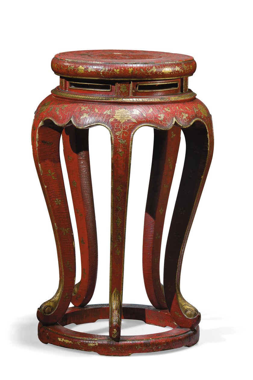 Jardinière (altın, kahverengi ve yeşil detaylarla kırmızı vernikli) by Qing Dynasty Chinese School