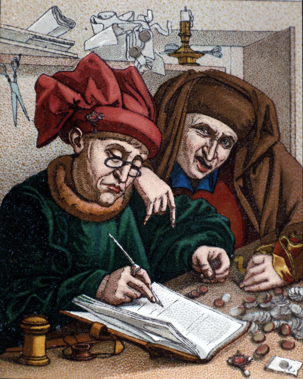 Borç verenler. Bu etkinlik bankaların yaratılmasına yol açtı. Metsys resminden ilham alan illüstrasyon. 19. yüzyıl by Quentin (after) Massys or Metsys