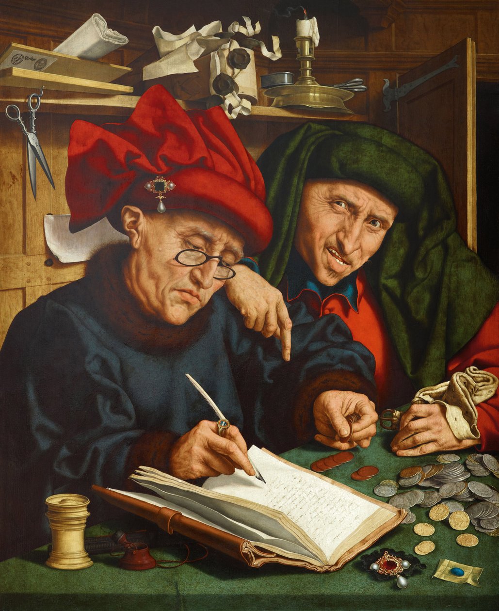 Vergi tahsildarları. (Vergi Tahsildarları) Quentin Metsys (veya Quinten Matsys) (1466-1530), ahşap üzerine yağlı boya, yaklaşık 1520. Flaman ilkel sanatı by Quentin Massys or Metsys