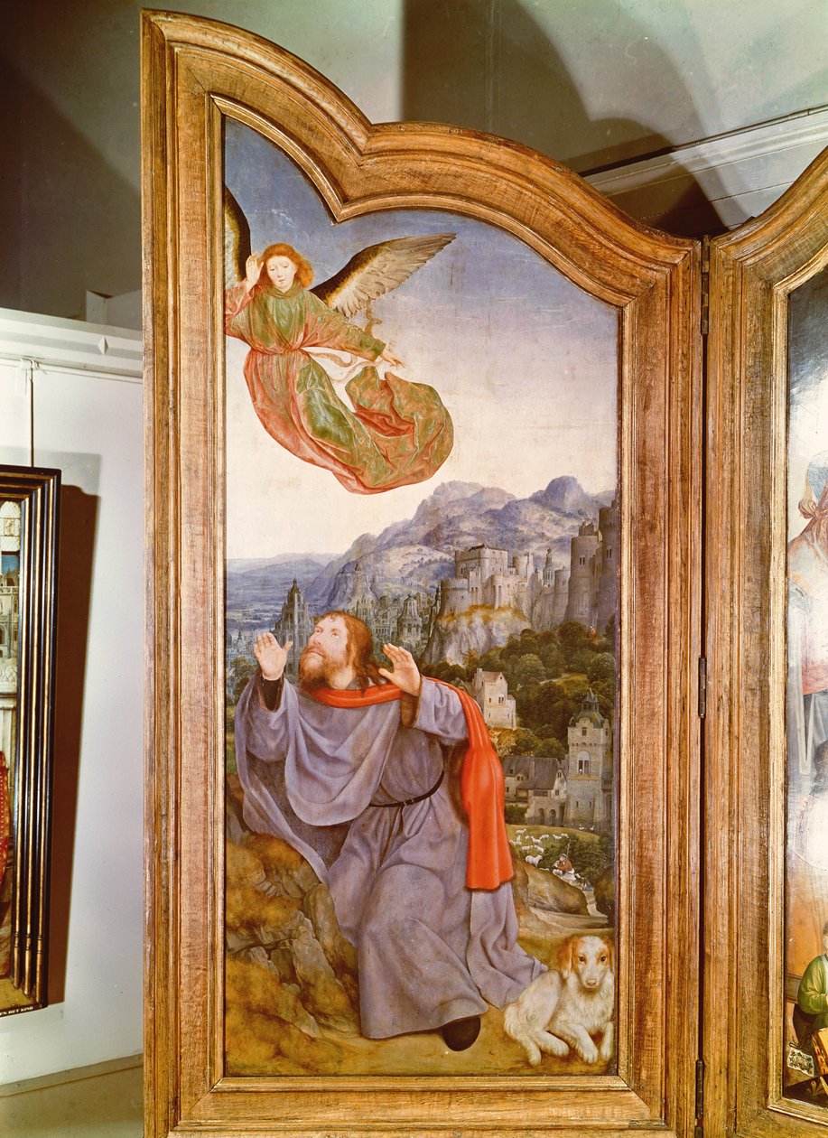 The Holy Kinship, or the Altarpiece of St. Anne, detail of the left panel depicting the Annunciation to Joachim, 1509  by Quentin Massys or Metsys