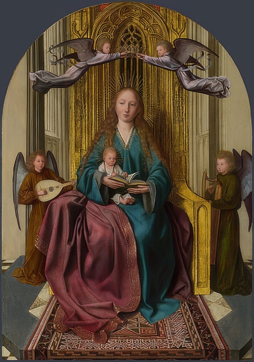 Madonna, çocuk ve dört melekle tahta çıktı. 1506-09 civarı by Quinten Massys