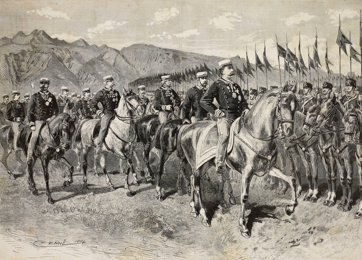 Kral Umberto I Floransa mızraklılarını teftiş ediyor, arkasında General Martin di Montu ile, 28 Eylül, Pordenone, İtalya