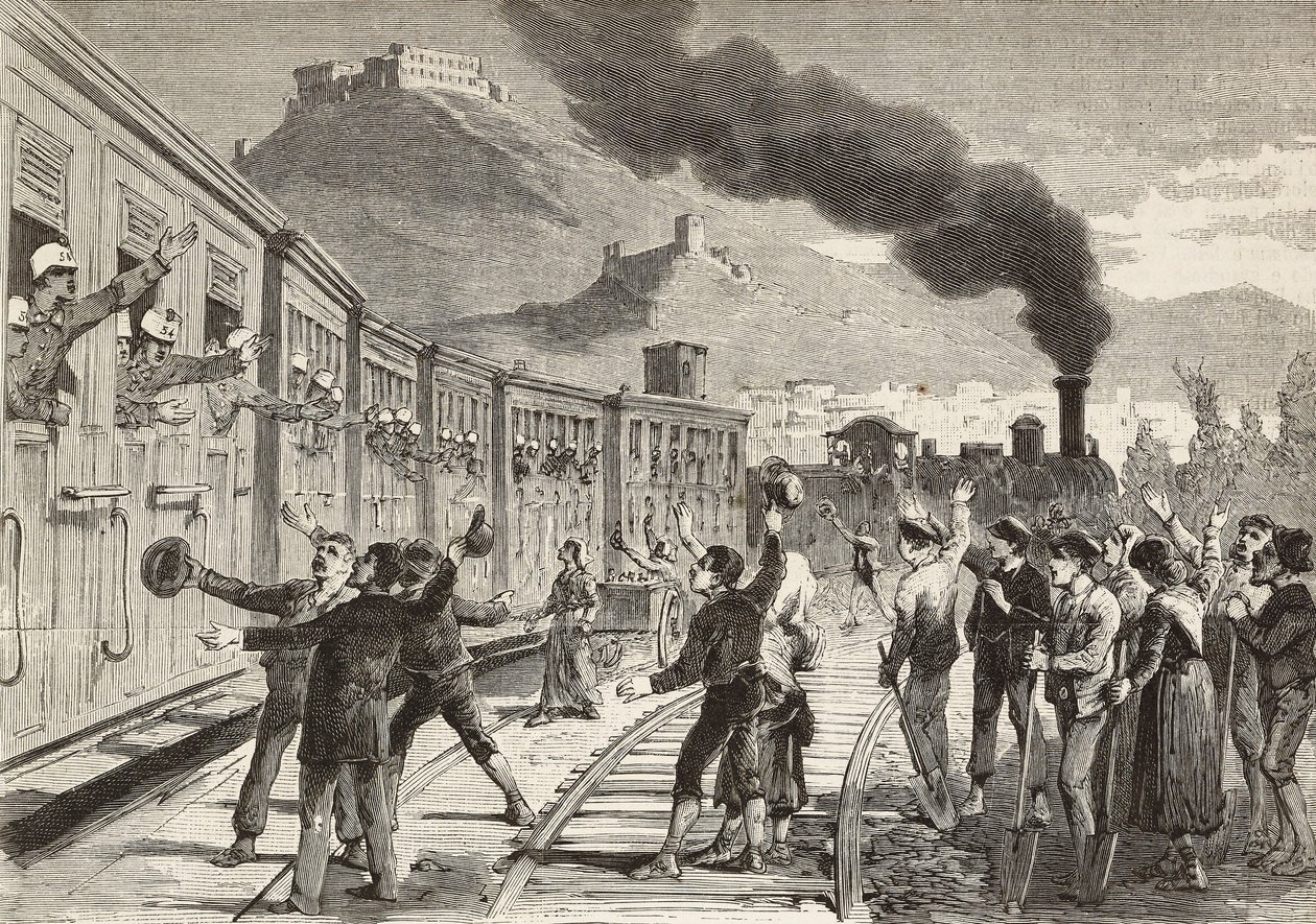 İtalya, Cassino tren istasyonundan ayrılan İtalyan askerlerine veda eden erkekler ve kadınlar, Quinto Cenni