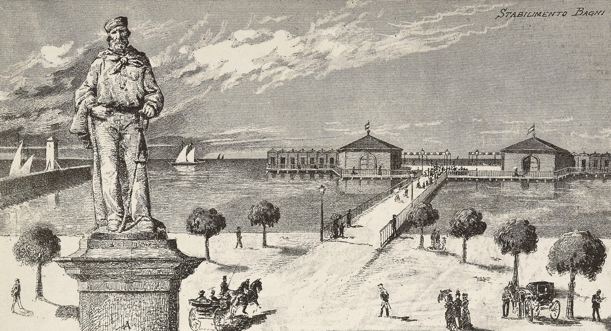 Giuseppe Garibaldi (1807-1882), İtalyan politikacı ve vatansever anısına anıt ve arka planda banyo tesisi, Cesenatico, İtalya by Quinto Cenni