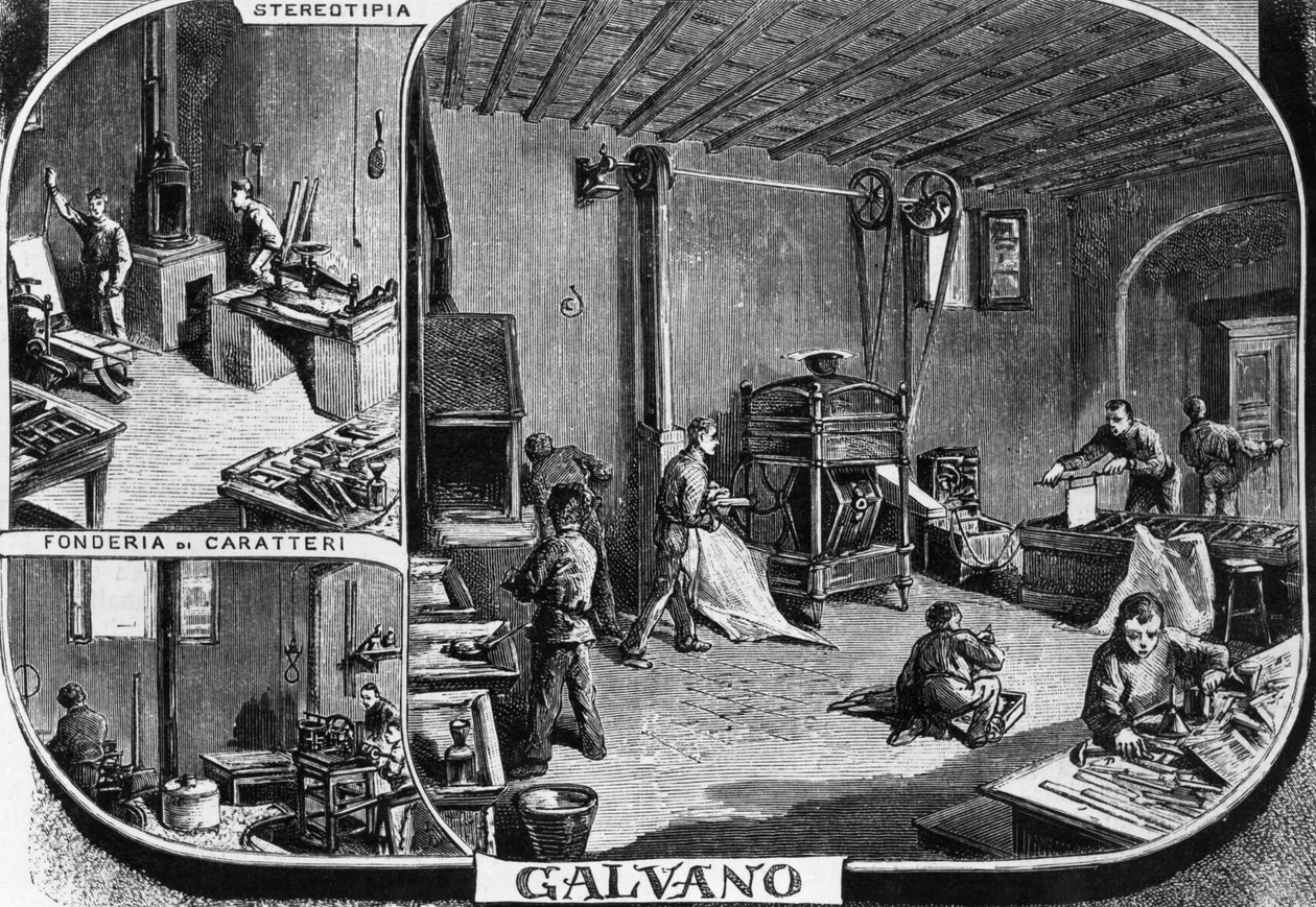 Treves kardeşlerin ofisleri, yazı tipi döküm ve klişe baskı departmanı, Milano, İtalya, L