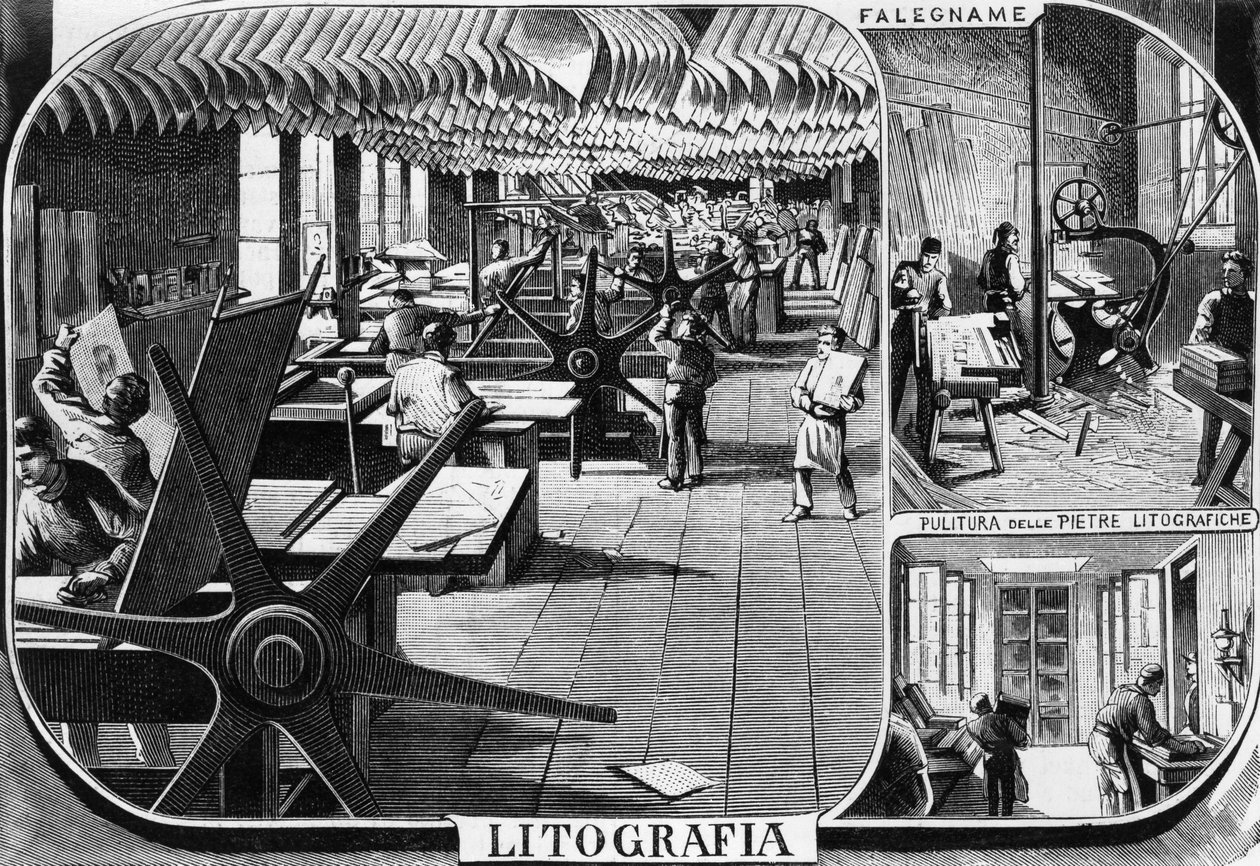Treves kardeşlerin ofisleri, litografi departmanı, Milano, İtalya, L