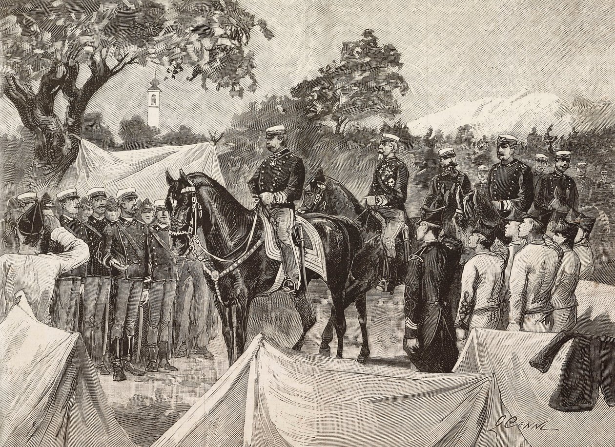 Umberto I (1844-1900), İtalya Kralı, bazı subaylarla birlikte askeri kampları ziyaret ederken, 11 Eylül by Quinto Cenni