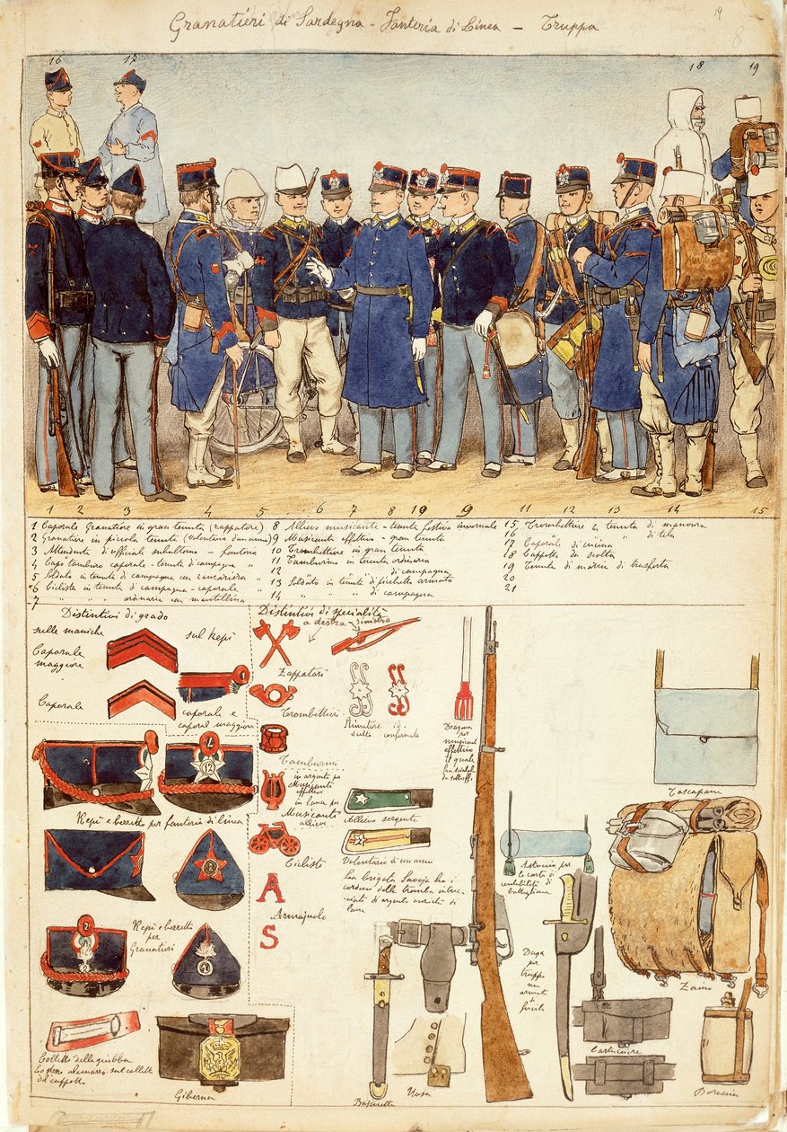 Sardunya Grenadiers üniformaları, hat piyadeleri, İtalya Krallığı birliği, Quinto Cenni tarafından renkli plaka by Quinto Cenni