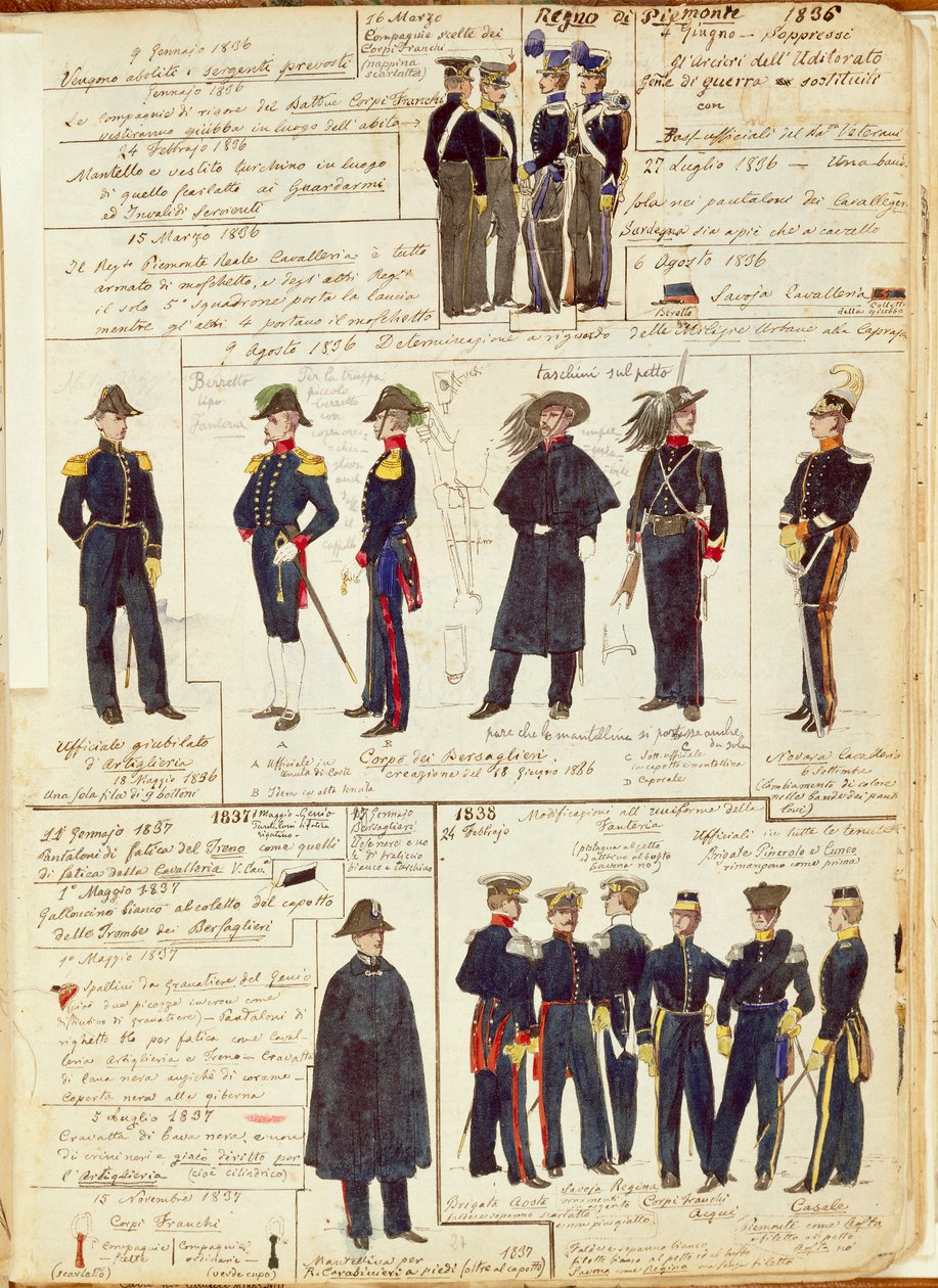 1836 ve 1886 yılları arasında Piyemonte ordusunun üniformaları. Cenni Quinto