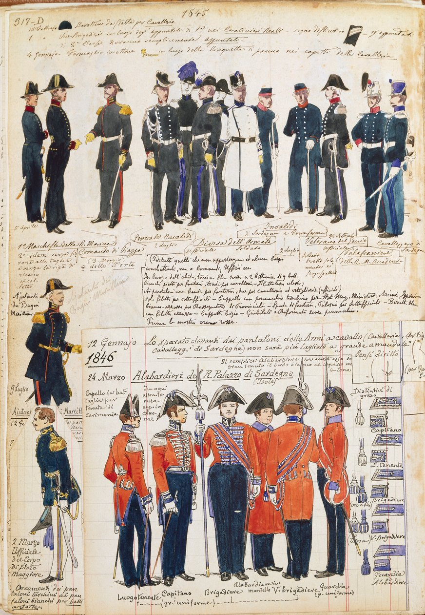 1845-1846 yılları arasında Piyemonte ordusunun üniformaları. Cenni Quinto