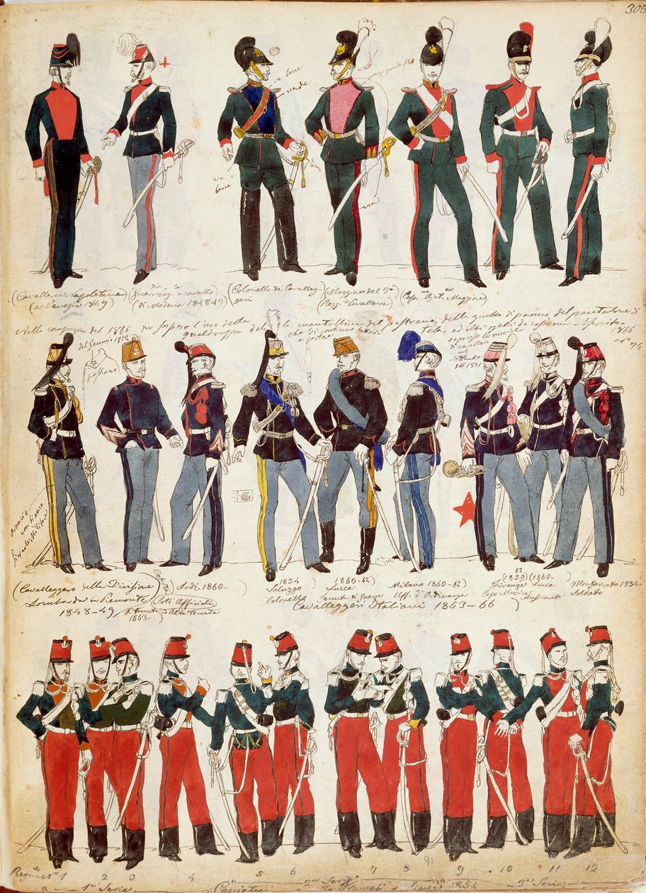 Quinto Cenni tarafından 1860 civarında ortak kullanımda olan çeşitli İtalyan üniformaları, renkli plaka by Quinto Cenni