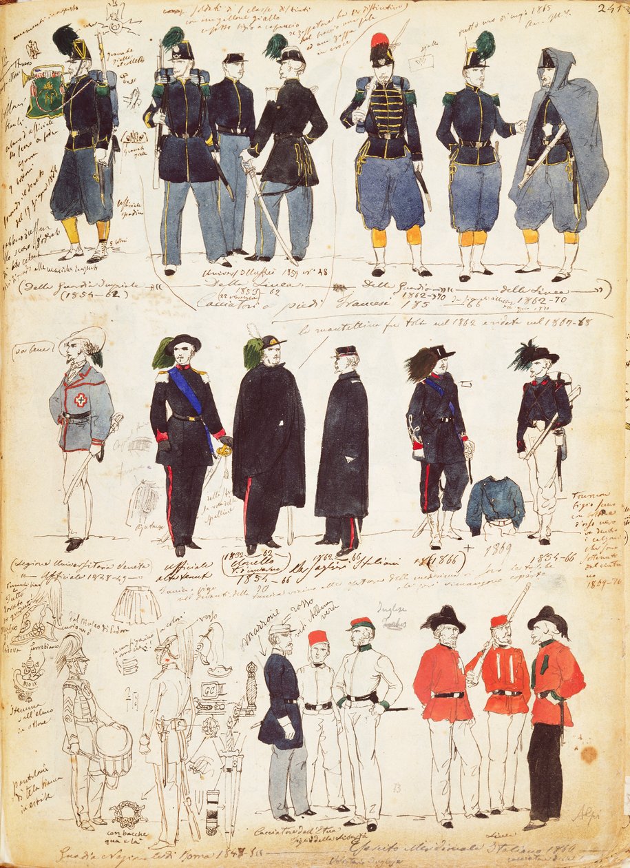 Quinto Cenni tarafından 1847 ve 1870 yılları arasında ortak kullanımda olan çeşitli İtalyan üniformaları, renkli plaka by Quinto Cenni