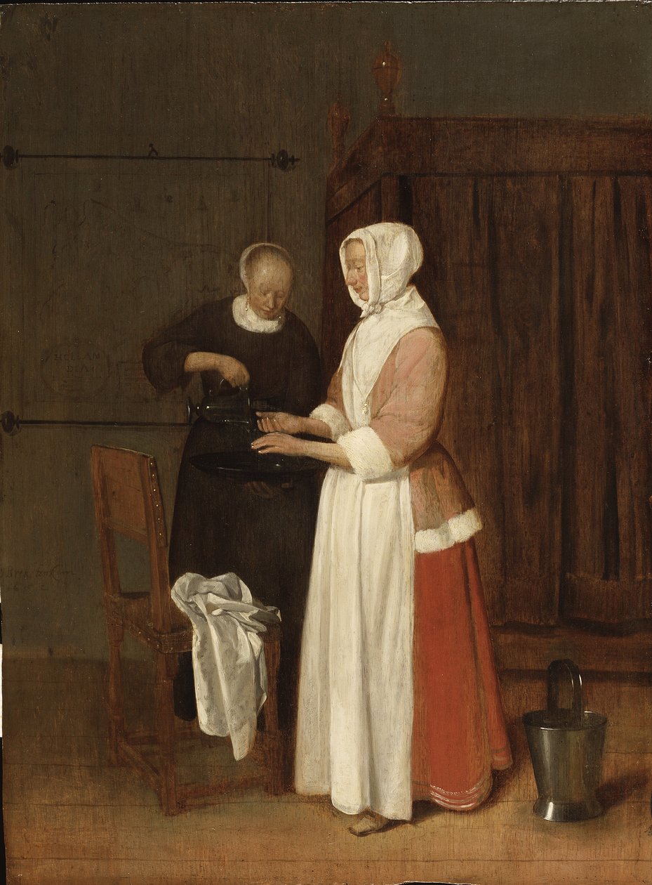 Une femme lave ses ana - Ellerini Yıkan Bir Kadın, Brekelenkam, Quiringh van (yaklaşık 1622-ca 1669). ahşap üzerine yağ by Quiringh Gerritsz. van Brekelenkam