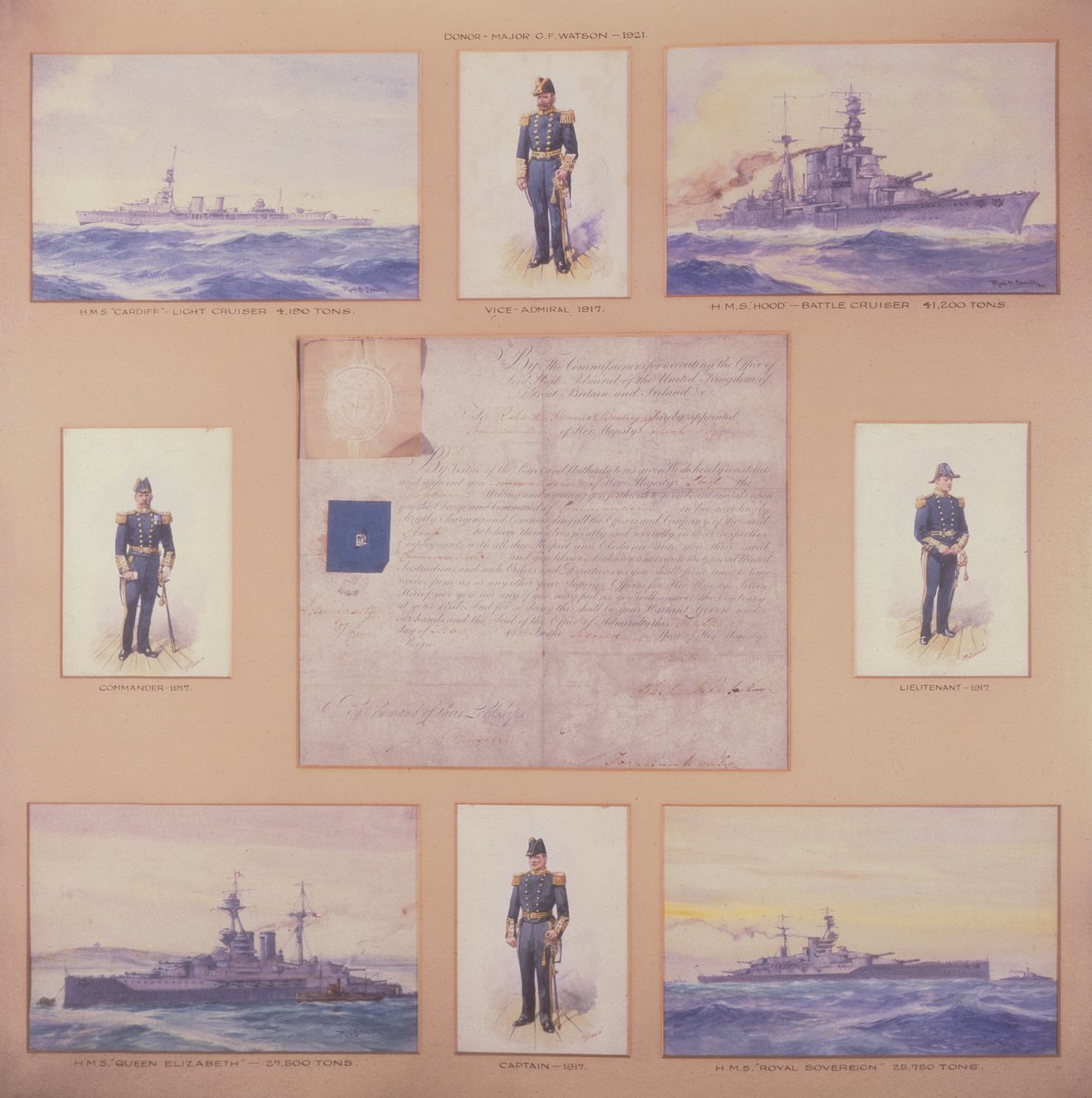 H.M.S. Cardiff, H.M.S. Hood, H.M.S. Kraliçe Elizabeth, H.M.S. Kraliyet Egemen ve deniz üniformalı subaylar by R. and Smith Simkin