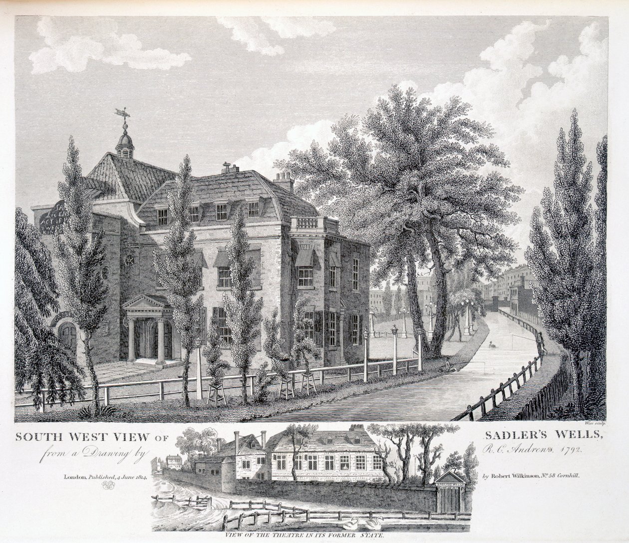 ವಿಲಿಯಂ ವೈಸ್ (fl.1790-1818), ಪಬ್‌ನಿಂದ ಕೆತ್ತಲ್ಪಟ್ಟ ಸ್ಯಾಡ್ಲರ್ಸ್ ವೆಲ್ಸ್‌ನ ಸೌತ್ ವೆಸ್ಟ್ ವ್ಯೂ ಮತ್ತು ಅದರ ಹಿಂದಿನ ರಾಜ್ಯದಲ್ಲಿ ಥಿಯೇಟರ್‌ನ ನೋಟ. ರಾಬರ್ಟ್ ವಿಲ್ಕಿನ್ಸನ್, ಲಂಡನ್, 1814 ಟರ್ಕ್ by R.C. Andrews