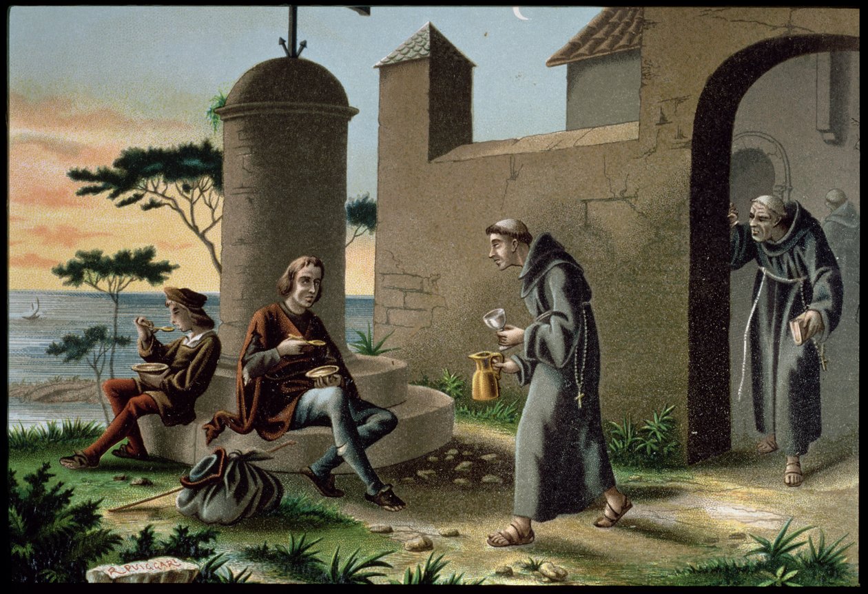 1878'de Barselona'da yayınlanan Amerika'nın Keşfi'nden Kristof Kolomb'un Oğluyla la Rabida Manastırı'na Gelişi (1451-1506) (renkli taş) by R. Puiggari