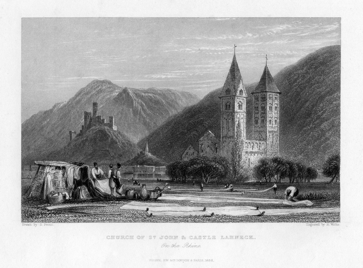St John Kilisesi ve Ren Nehri üzerindeki Lahneck Kalesi, 1838 by R. Wallis