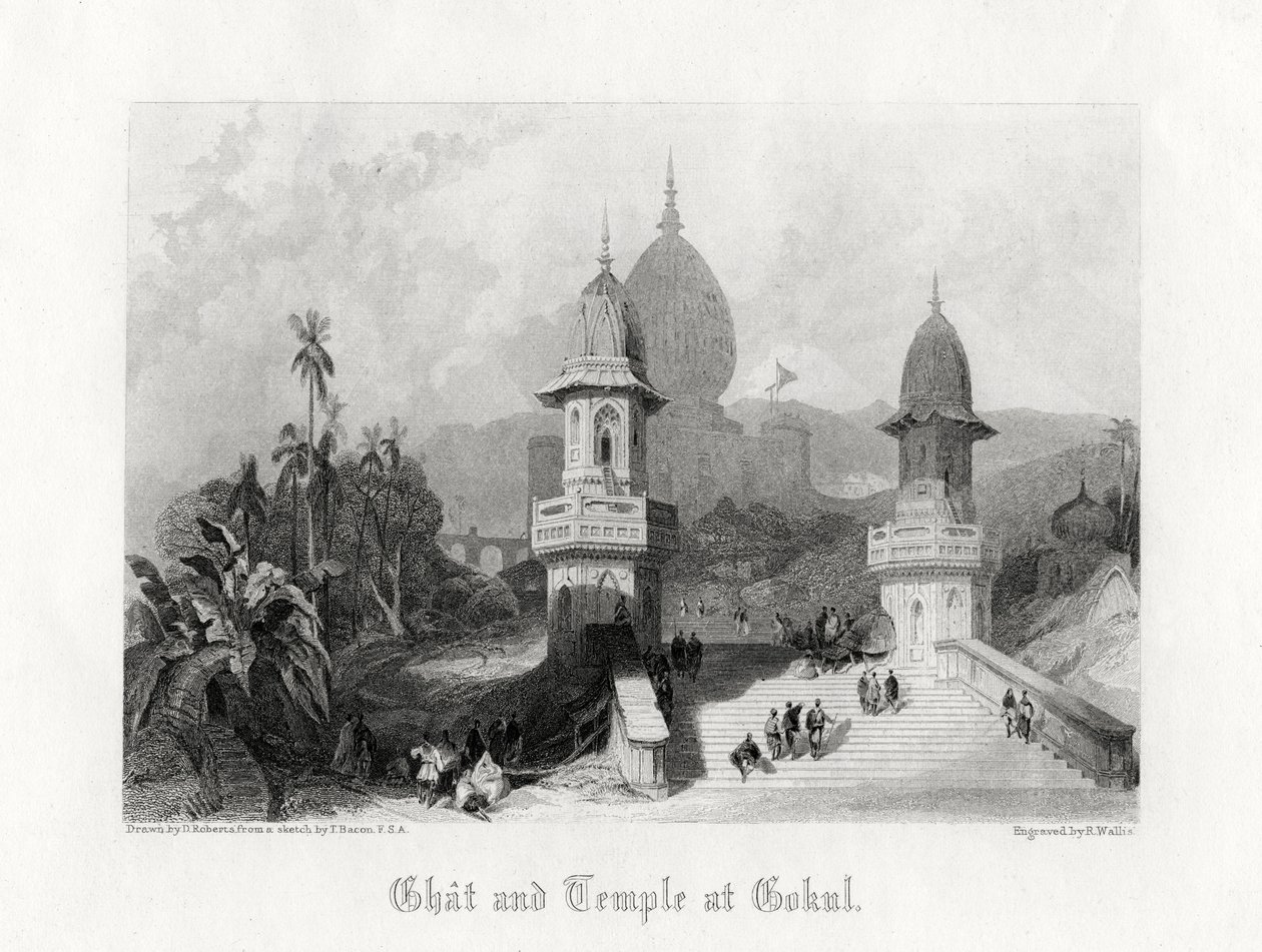 Ghat ve Temple at Gökul, Hindistan, c1838. by R. Wallis