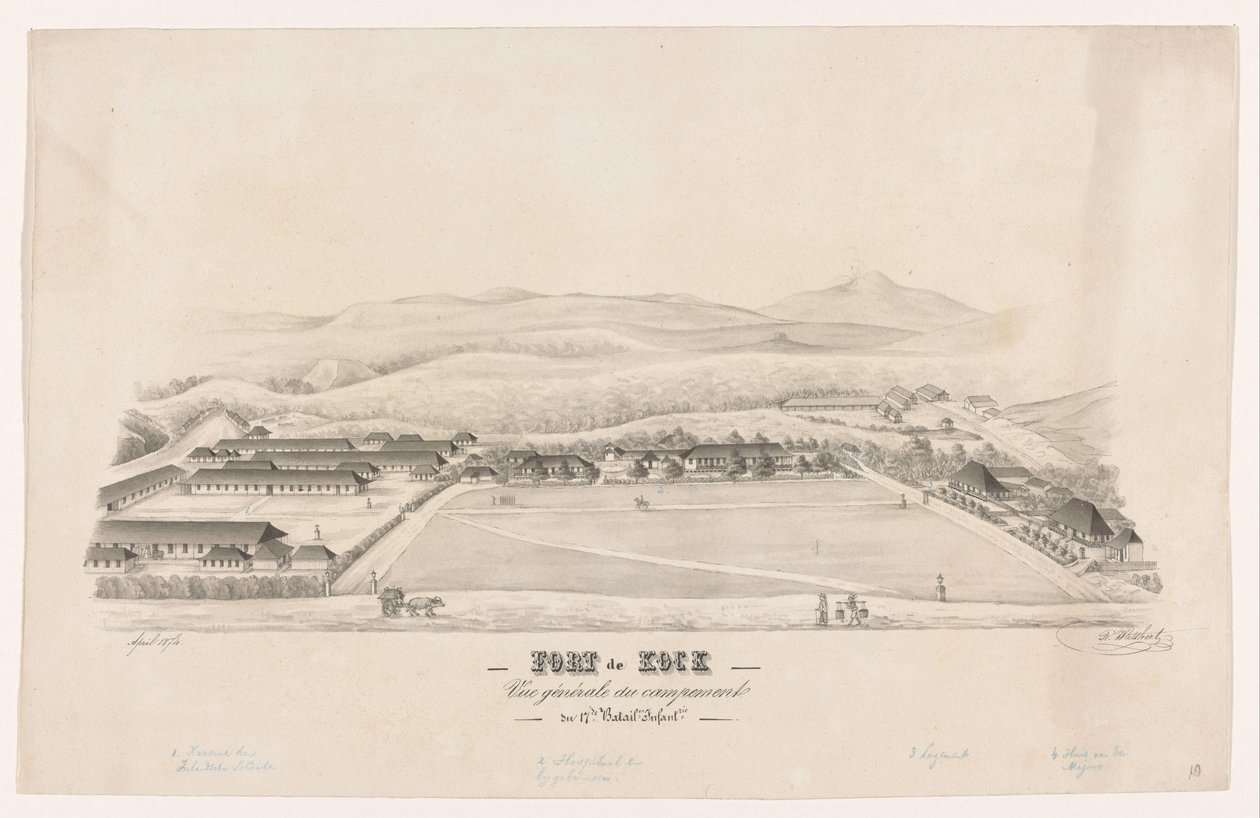 Gezicht op Fort de Kock Fort de Kock / Vue générale du campemente / du 17de Batail.on Infant.rie (nesne üzerindeki başlık) by R. Walthert (signed by artist)