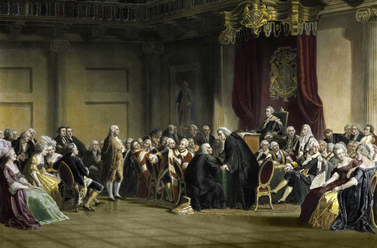 Benjamin Franklin (1706-1790), Amerikalı filozof, fizikçi ve Danışma Meclisi Lordları huzurunda devlet adamı, Whitehall Şapeli, Londra by R. Whitechurch