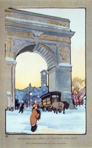 Kış Alacakaranlığında Washington Meydanı Kemeri, kartpostal, c.1914 (renkli taş) by Rachael Robinson (after) Elmer