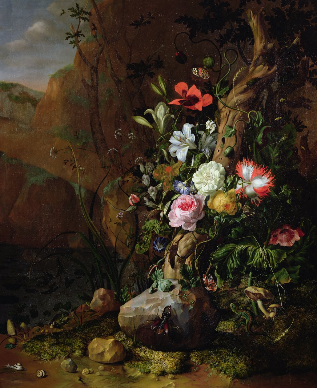 Çiçekler, kelebekler ve hayvanlarla çevrili ağaç gövdesi, 1685 by Rachel Ruysch