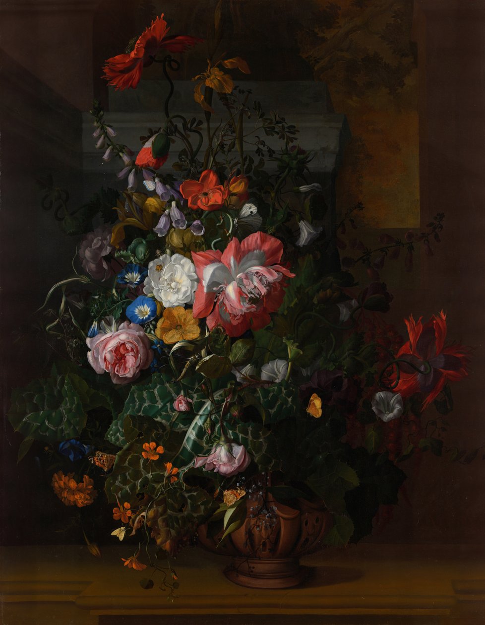 Taş Çıkıntıdaki Bir Vazoda Güller, Kıvrımlar, Gelincikler ve Diğer Çiçekler by Rachel Ruysch