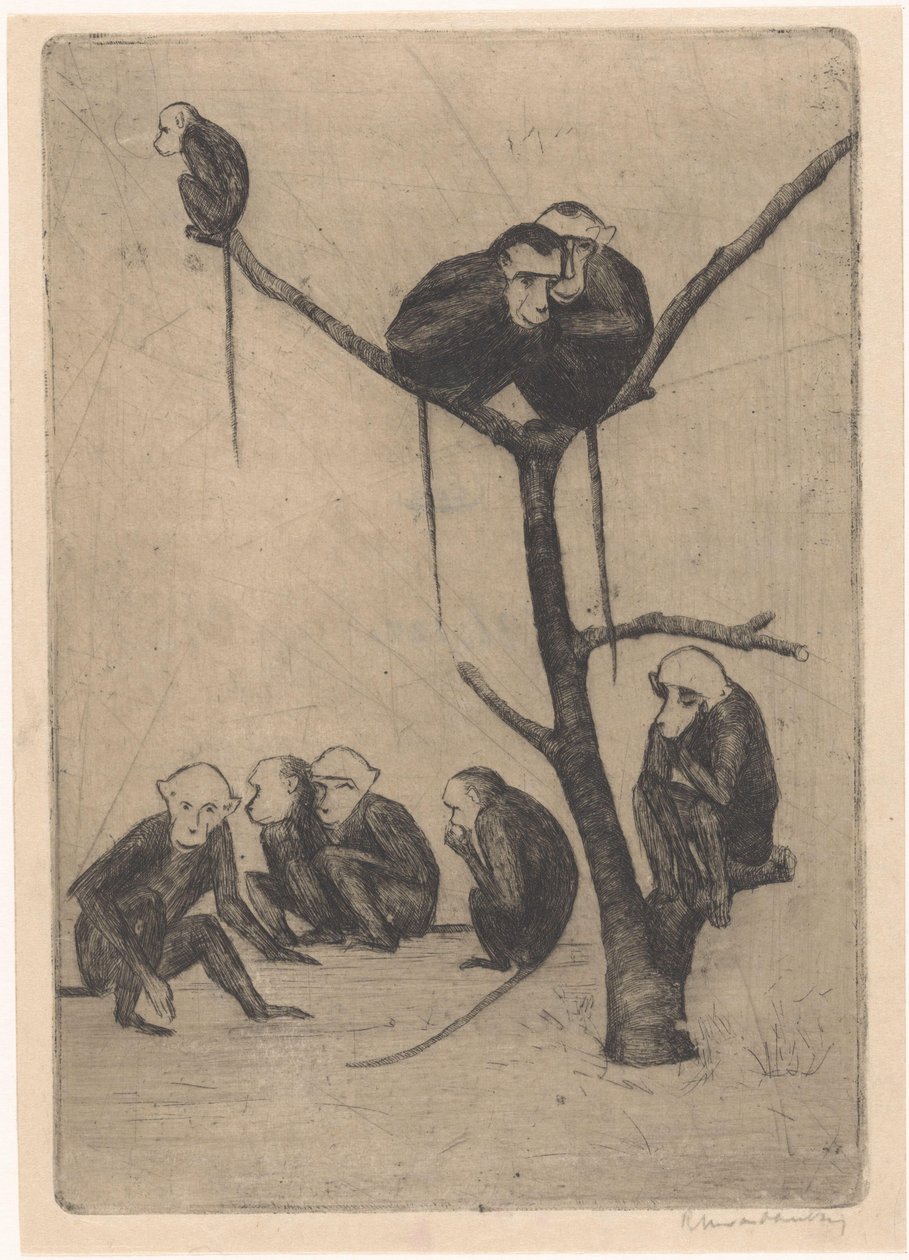 Bir ağacın içinde ve yakınında oturan maymunlar by Rachel van Dantzig (signed by artist)