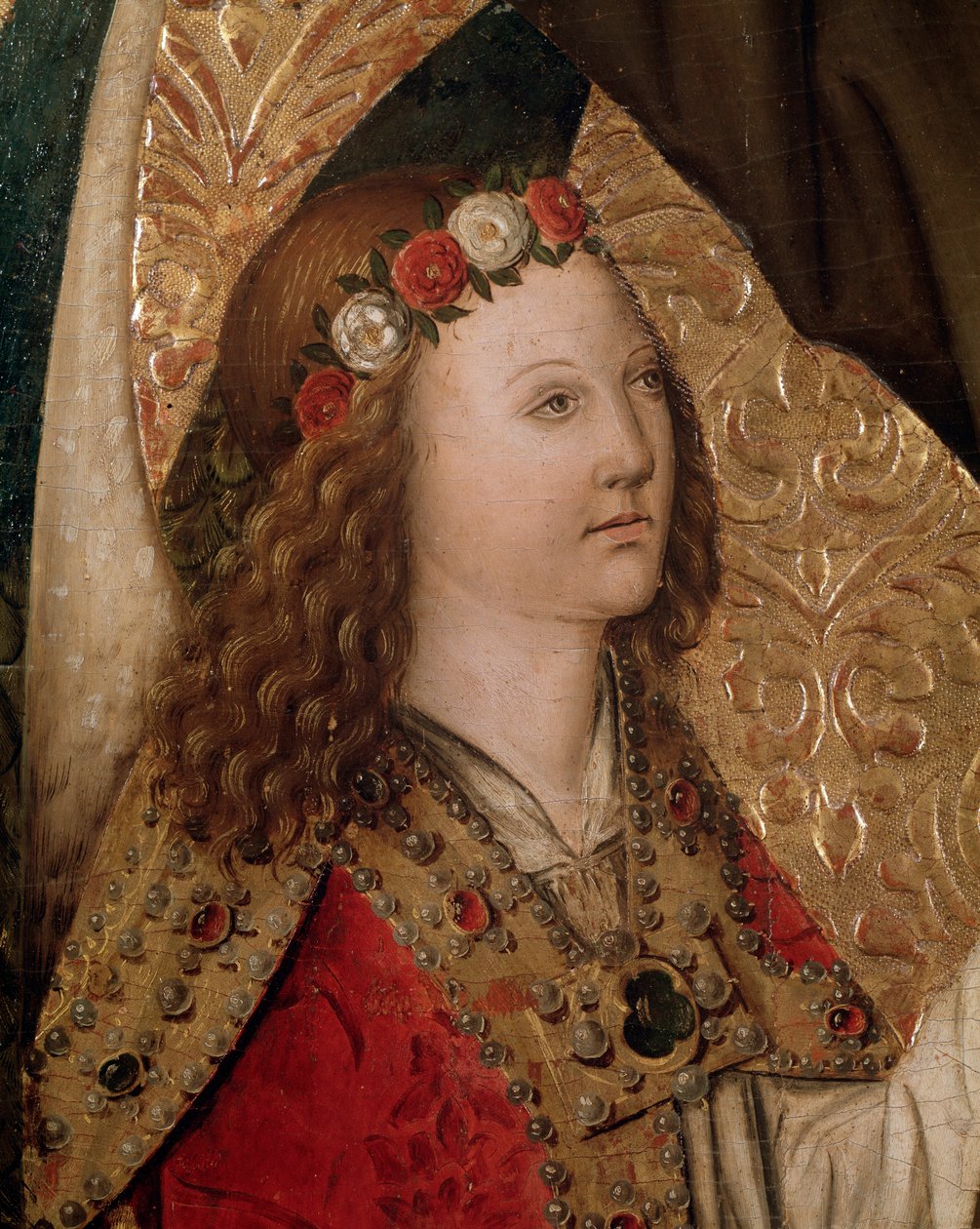 Bir melek, Sienalı Aziz Bernardin mihrabından detay (panel üzerine yağlıboya) by Rafael & Figuera Joan (active c.1454 1477) Tomas