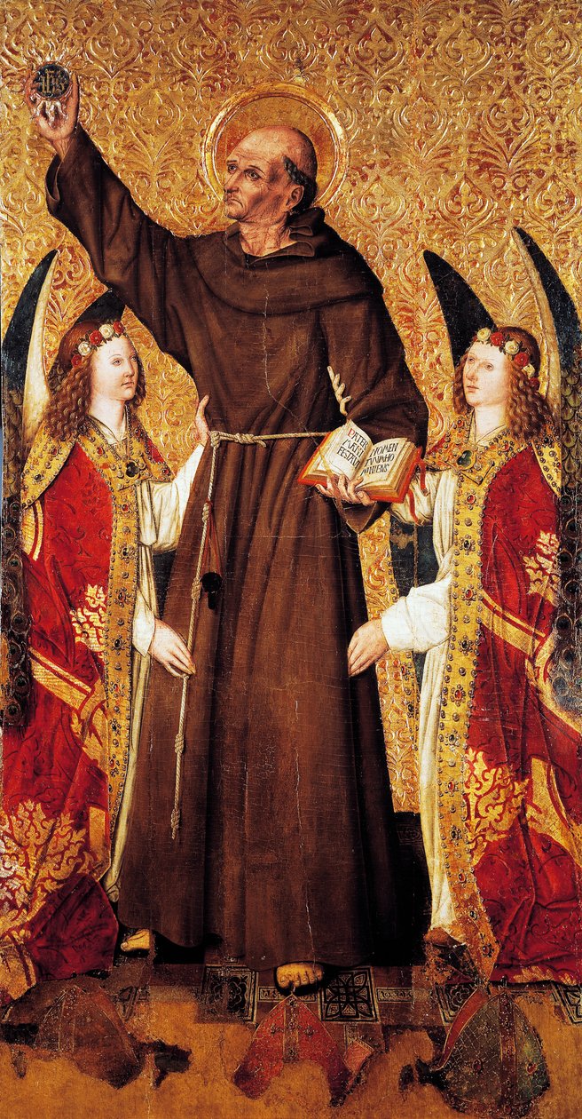 St Bernard and angels, St Bernard Altarpiece'in orta paneli, Rafael Tomas (aktif 1455-1479), Joan Figuera'nın predella'sı (1454-ölümü 1477 veya 1479'dan itibaren aktif), tempera on panel, 398, 9x253 cm by Rafael & Figuera Joan (active c.1454 1477) Tomas