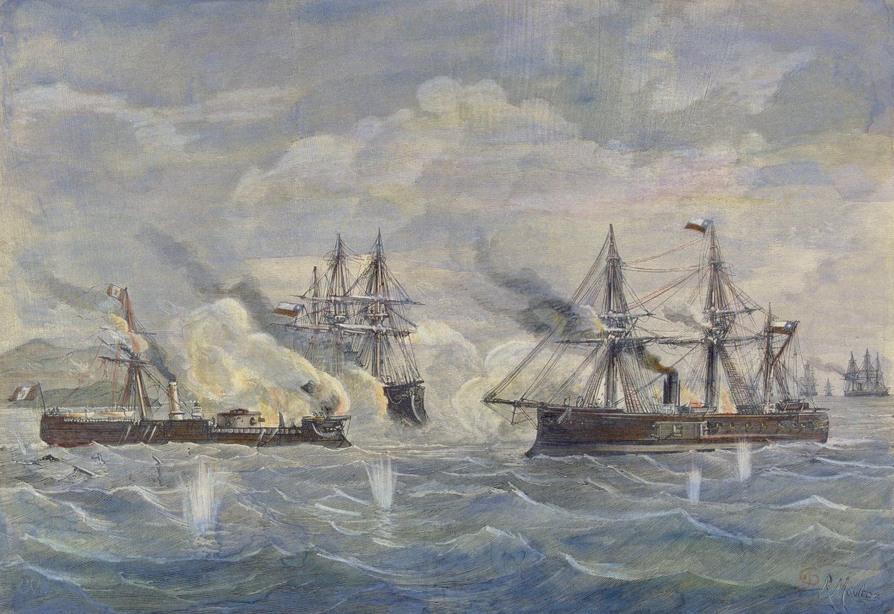 1879'da Peru Gemisi 'Huascar' ile Şili 'Blanco Encalada' ve 'Cochrane' ile Deniz Savaşı by Rafael Monleon y Torres