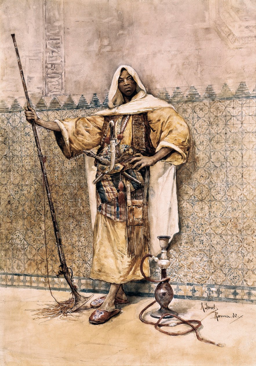 Oryantalizm: “" Bir Arap adamın portresi, asker silahı, kemerde bıçak takıyor "” Suluboya, Rafael Senet y Perez (1856-1926) 1881 Seville. Güzel Sanatlar Müzesi. by Rafael Senet