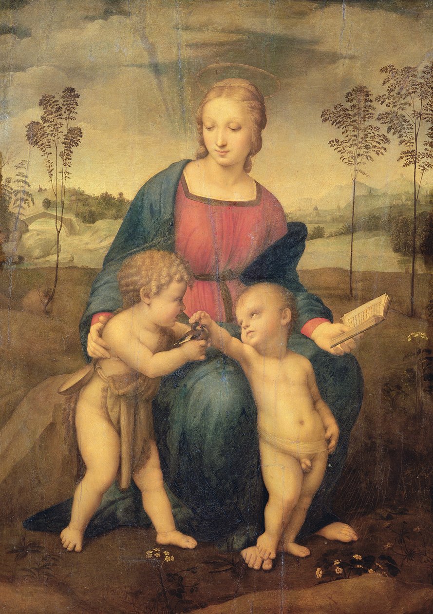 Saka Kuşu Madonna, c.1506 (restorasyon öncesi) by Raffaello Sanzio Raphael