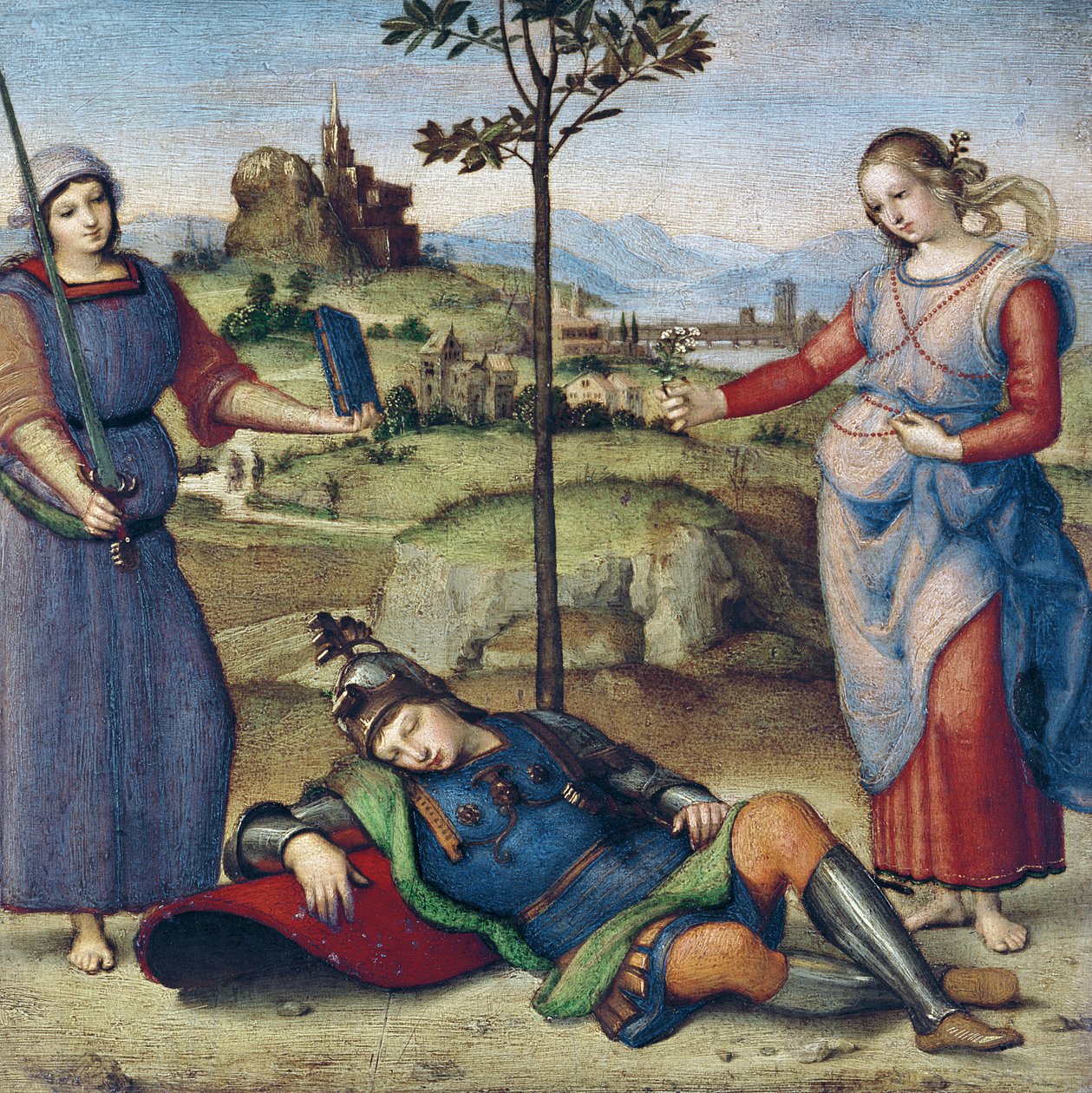 Bir Şövalyenin Vizyonu, c.1504 (kavak üzerine yağlı boya) by Raffaello Sanzio Raphael