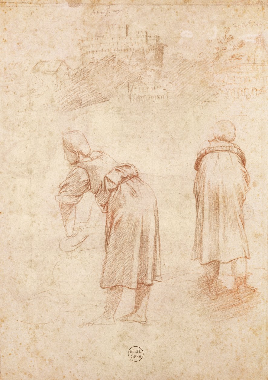 Tiber Kıyılarında Çamaşırcı Kadınlar ve Chateau Saint-Ange Çalışmaları (kağıt üzerinde kırmızı tebeşir) by Raffaello Sanzio Raphael