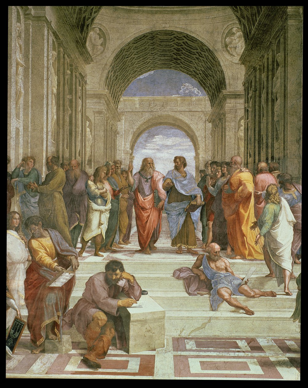 Atina Okulu, Herakleitos ve Diogenes olarak Platon, Aristoteles, Michelangelo gibi çeşitli figürleri gösteren merkezin detayı, 472