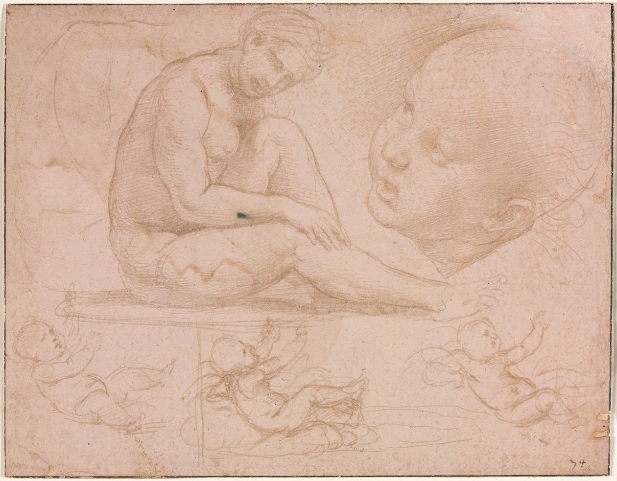 Oturan Kadın Çalışmaları, Çocuğun Başı ve Üç Bebek Çalışması, c. 1507-8. by Raffaello Sanzio Raphael