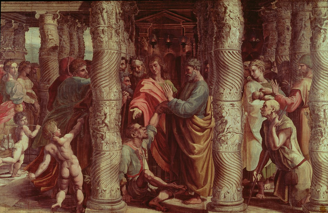 Topal Adamın İyileşmesi (Sistine Şapeli için çizgi film) (RESTORASYON ÖNCESİ) by Raffaello Sanzio Raphael