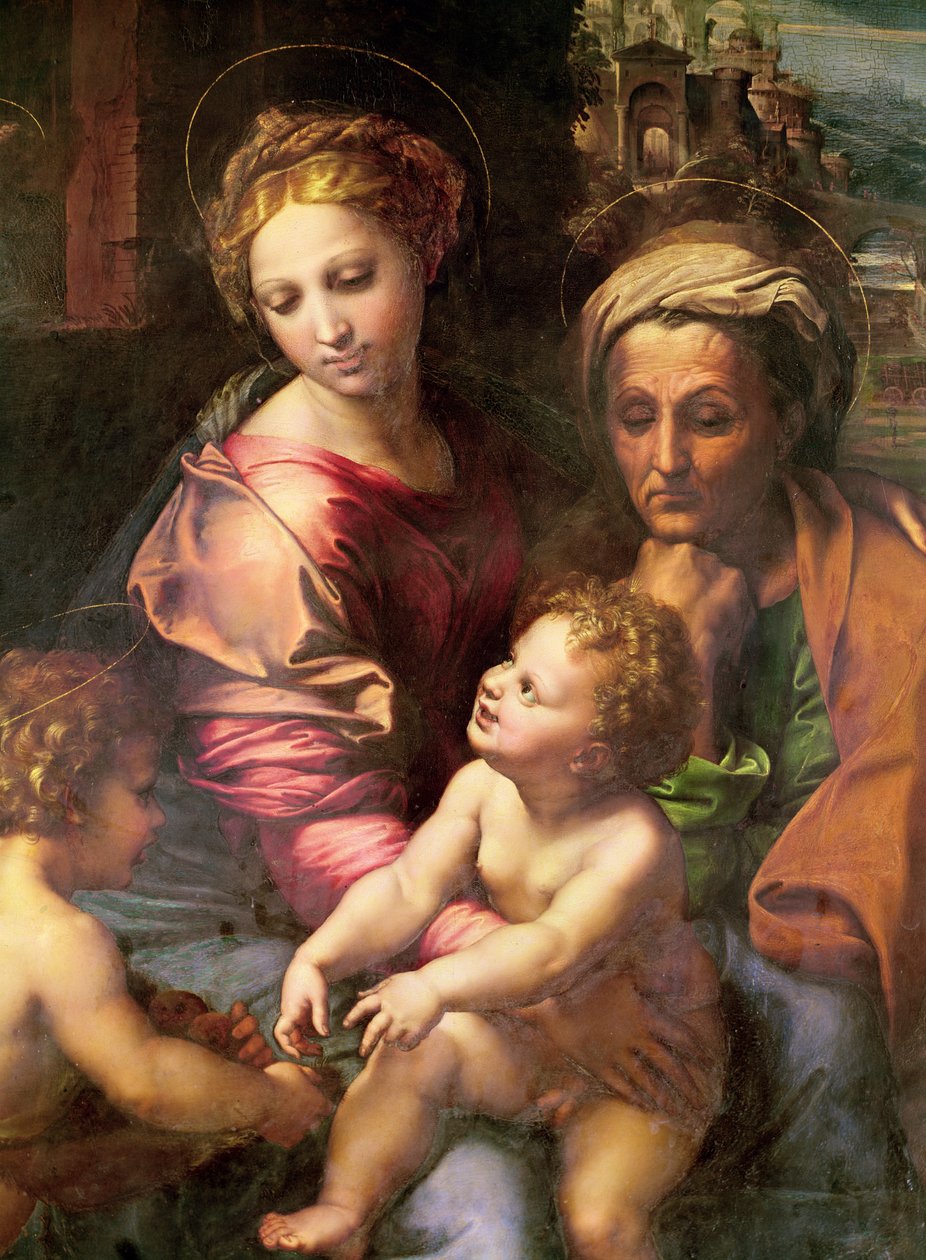 Kutsal Aile (veya İnci), detay: Bakire, Aziz Elizabeth ve Çocuk, c.1518 (tahta üzerine yağlı boya) by Raffaello Sanzio Raphael