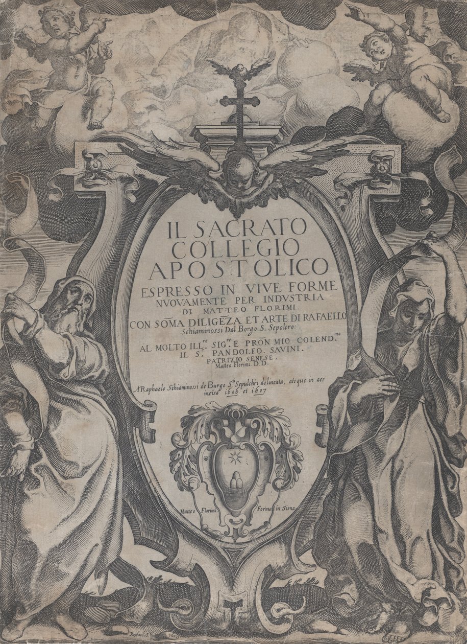 Cüzdanda parşömen tutan iki figür ve kartuşun yanında melekler bulunan cephe parçası..., 1606-07. by Raffaello Schiaminossi